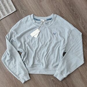 Z Supply Striped Cropped Crewneck Sweatshirt in Light Blue & White